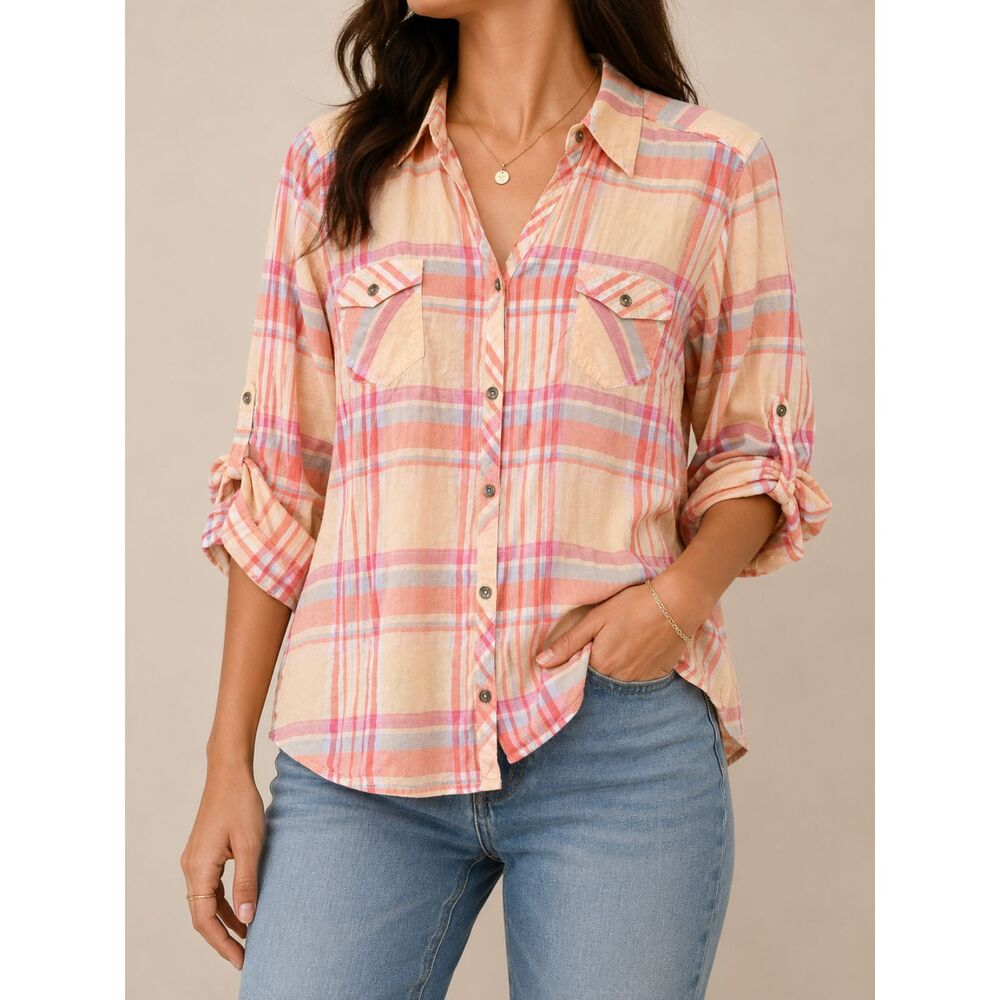 Sonoma Life + Style Plus Petite XL Pastel Plaid 100% Cotton Button Front Shirt